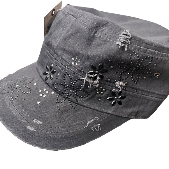 Women's Ililily Gray Distressed Embellished Military Army Hat Cadet Cap - Picture 3 of 14